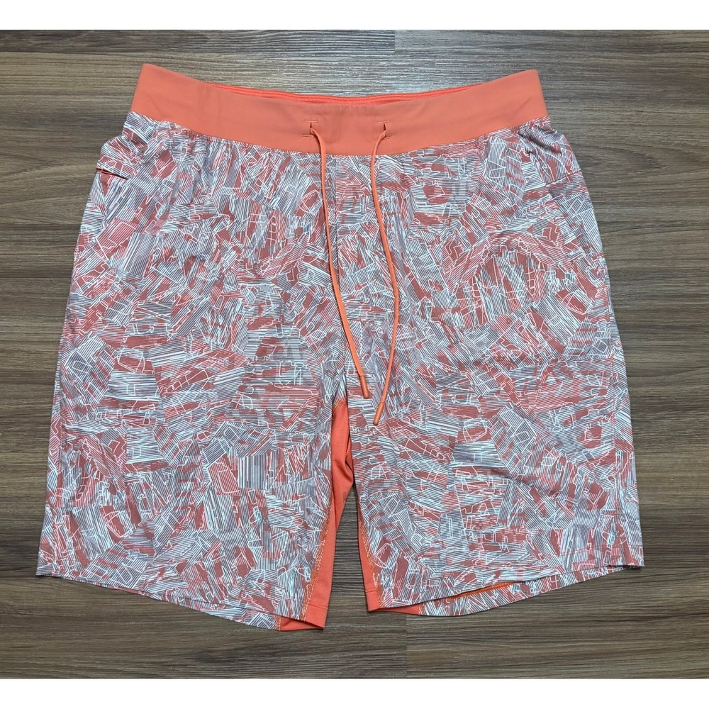 Lululemon T.H.E Linerless 9" Athletic Shorts Mens Orange Abstract Print Size L